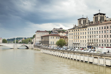 Naklejka premium River and Buildings in Lyon, France
