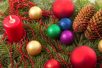 Obraz na płótnie Canvas Christmas balls fir cones
