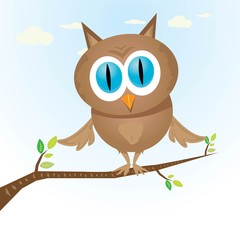 Obraz premium vector cartoon cute little owl bird on tree branch
