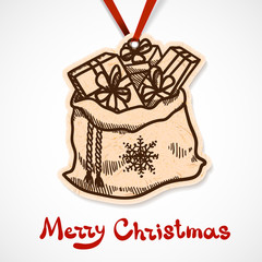 Bag full of presents paper label on ribbon.