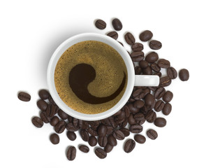 coffee cup and beans view from above