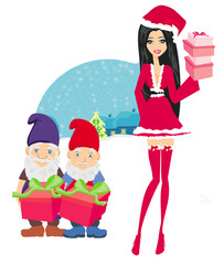 beautiful pin-up girl in Christmas inspired costume and dwarfs h