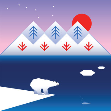 Northern landscape with a polar bear, mountains and sea