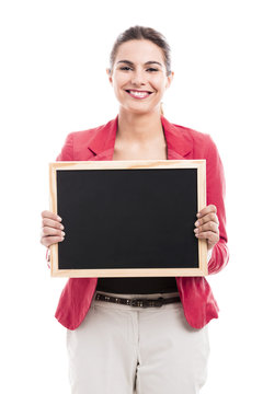 Business woman holding a shalk board