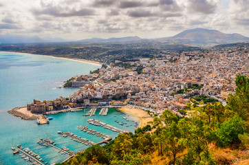 Scenic view of Trapani town and harbor in Sicily - obrazy, fototapety, plakaty