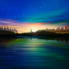 abstract background with forest lake and sunrise