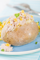 Jacket Potato - Baked potato topped with tuna and sweetcorn.