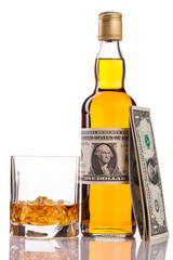whisky and money isolated on white