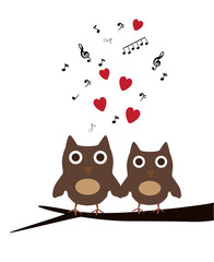 vector owls sitting in the tree with red hearts and notes