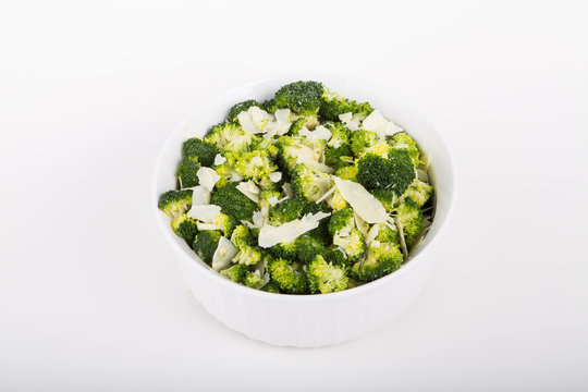 Broccoli in a White Casserole with Parmesan Cheese