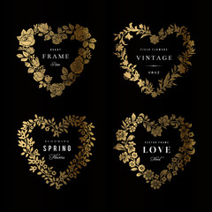 Set of vector floral frames in the shape of heart