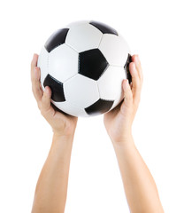 Hands holding soccer ball up isolated on white