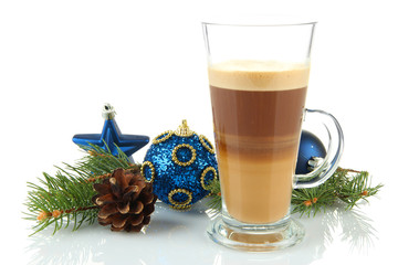 Cup of hot coffee with Christmas decorations isolated on white