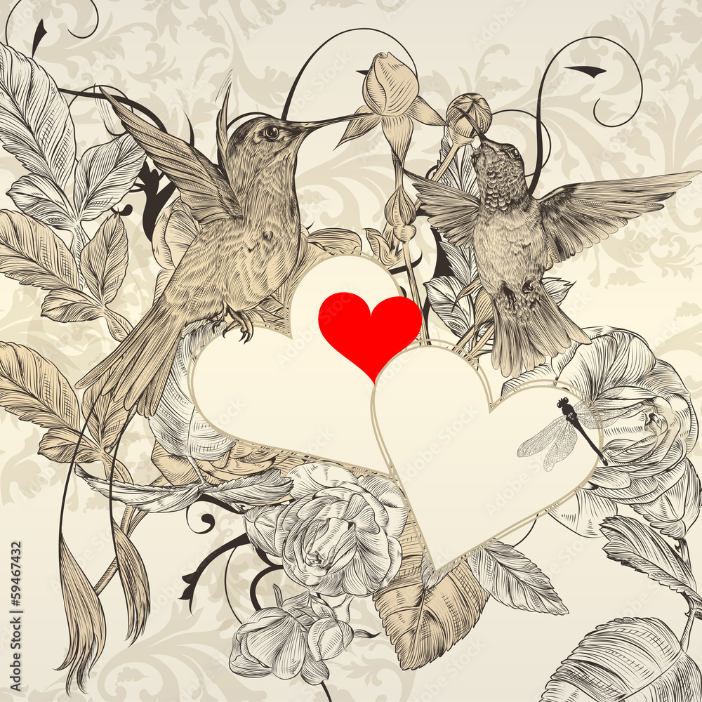 Poster beautiful vector background with couple of humming bird with hea