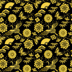 黒地和風背景　漆に金色の蒔絵