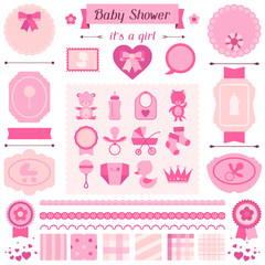Girl baby shower set of elements for design.