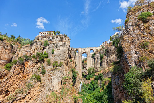 new bridge and houses on edge of an abyss in city Rhonda, Spain