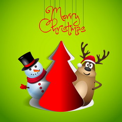 Reindeer and snowman with papercut tree - winter theme - Merry c