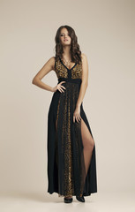 Beautiful girl in a fashionable dress.  Brunette, long hair.