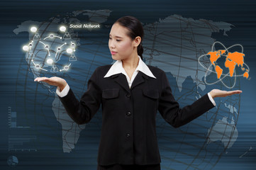 Hand of business woman touching virtual screen the social networ