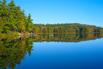 Trees turning fall colors on calm water of a lake