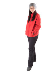 Asian Malay female with red warm winter jacket