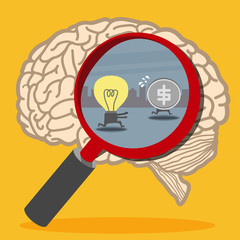 Magnifier of light bulb idea run and catch money coin in brain