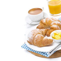croissants with butter, espresso and orange juice isolated