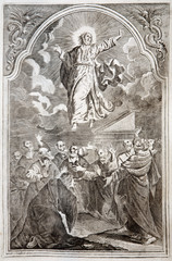 Jesus ascension. Lithography print in Missale romanum  from 1727