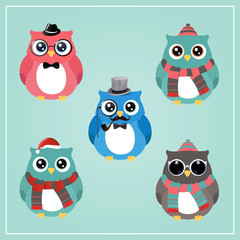 Naklejka premium Cute Winter Christmas Hipster Penguins Vector Illustration