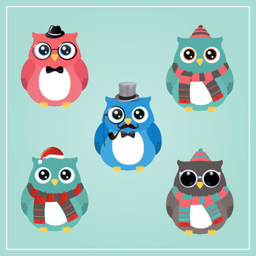 Cute Winter Christmas Hipster Penguins Vector Illustration