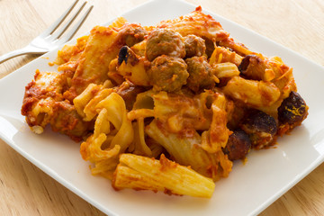 Baked pasta with meatballs