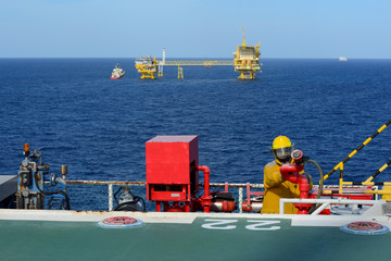 fireman is guarding for offshore helicopter before start up engi