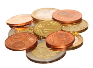 european currency euro coins money on white