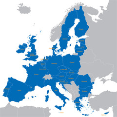 blue map of European Union with all names of members countries