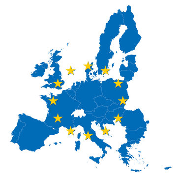 blue map of European Union and EU flag