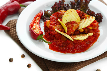 Chili Corn Carne - traditional mexican food, in wooden bowl,