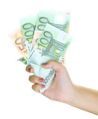 Female hand with euro close up isolated on white