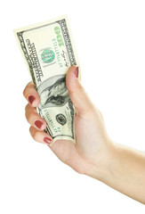 Dollar in hand isolated on white
