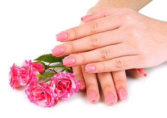 Woman hands with pink manicure and flowers, isolated on white