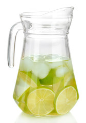 Cold water with lime, lemon and ice in pitcher isolated on