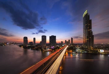 Foto auf Glas Traffic in modern city, Chao Phraya River,  Bangkok, Thailand. © pipop_b