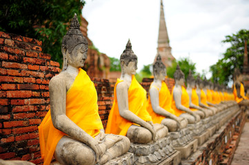 Row of Stone Buddha Statue in Ayutthaya Province, Thailand