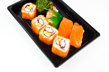 Sushi and sashimi on white background