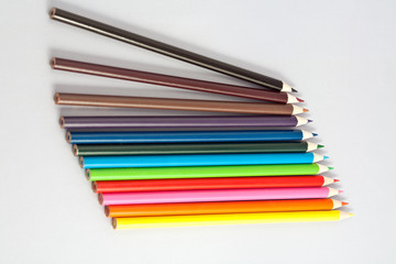 Twelve colored pencils on gray background.