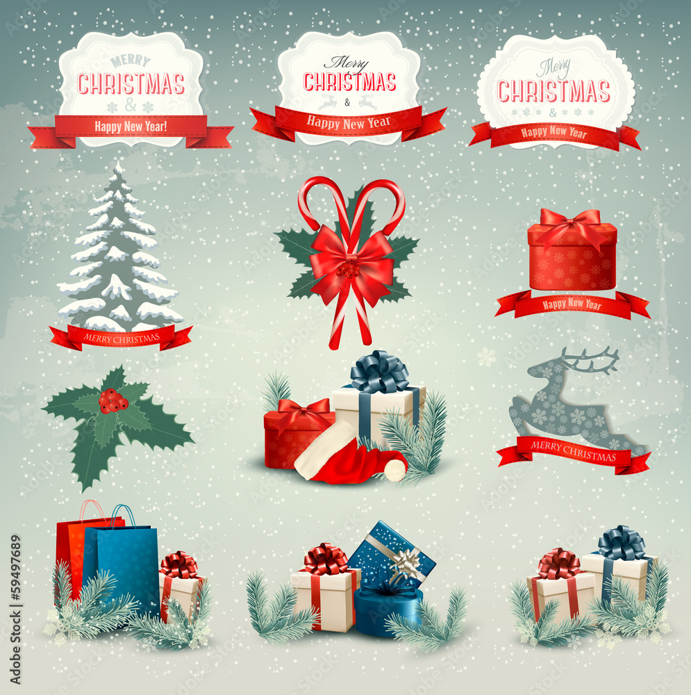 Poster big collection of christmas icons and design elements. vector il