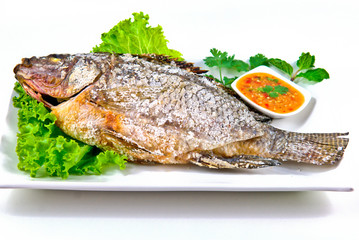 Tilapia grilled on white dish