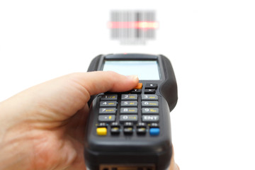 woman hold scanner and scans barcode with laser