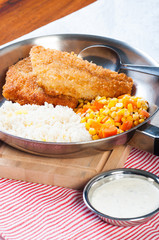 deep fried dory with corn and carrots and tartar sauce