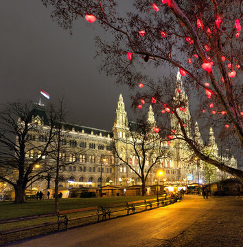 Vienna Town Hall and the traditional Christmas  Market at night
